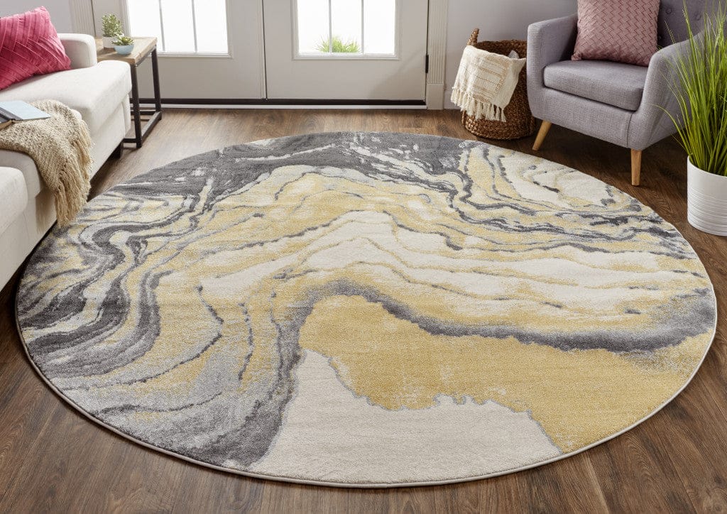 8' Gray Yellow And Ivory Round Stain Resistant Area Rug