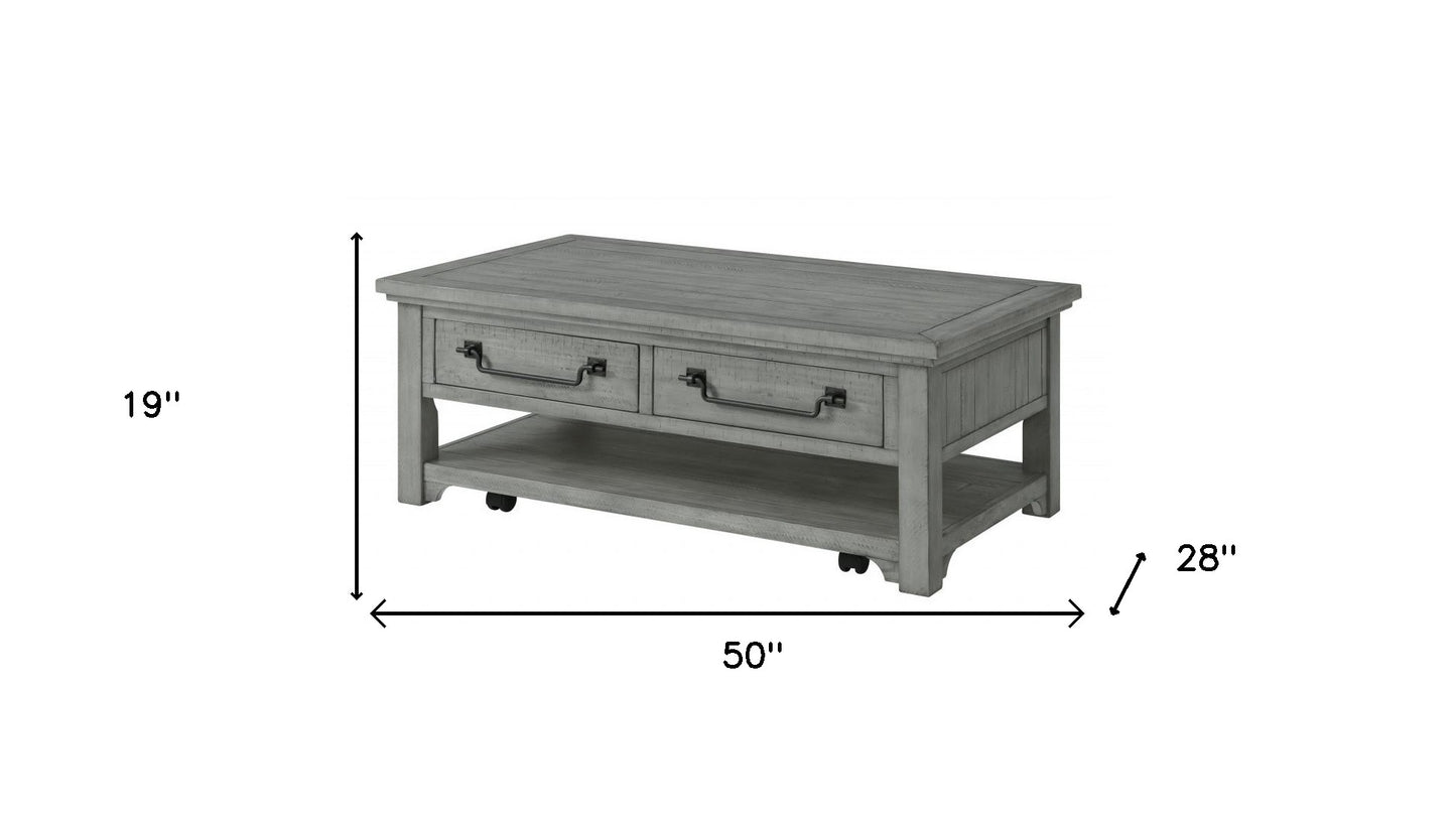 50" Dove Grey Solid Wood Distressed Coffee Table With Storage
