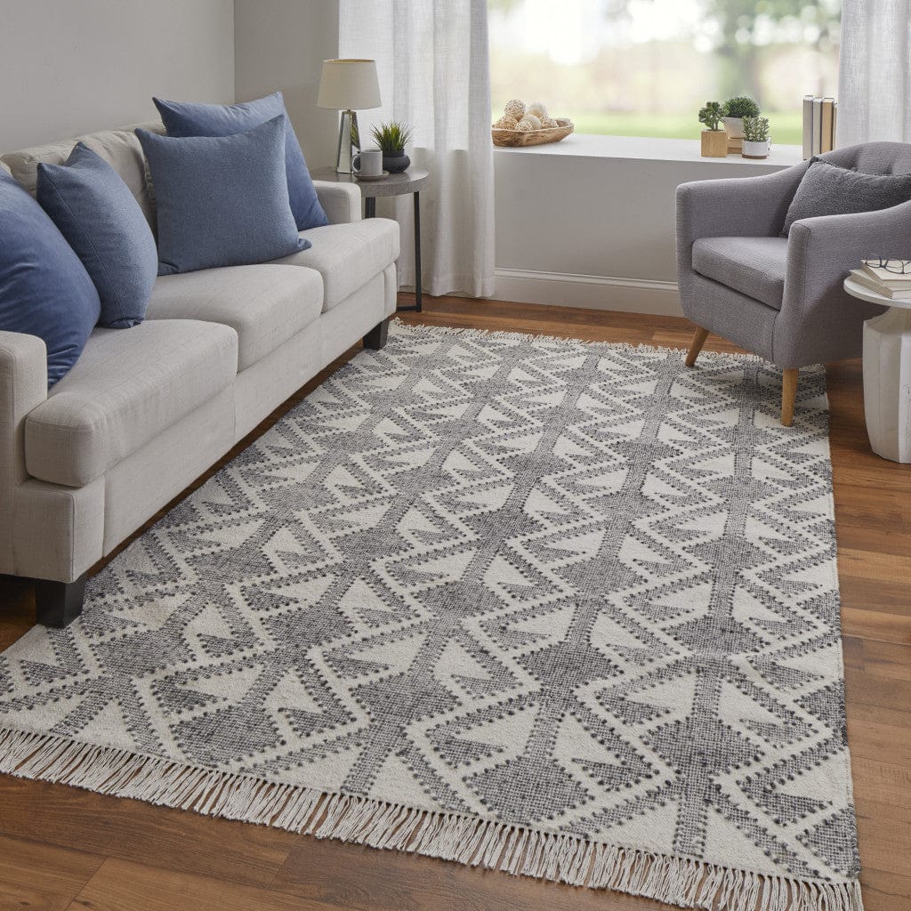 2' X 3' Black Ivory And Gray Wool Geometric Dhurrie Flatweave Handmade Area Rug With Fringe