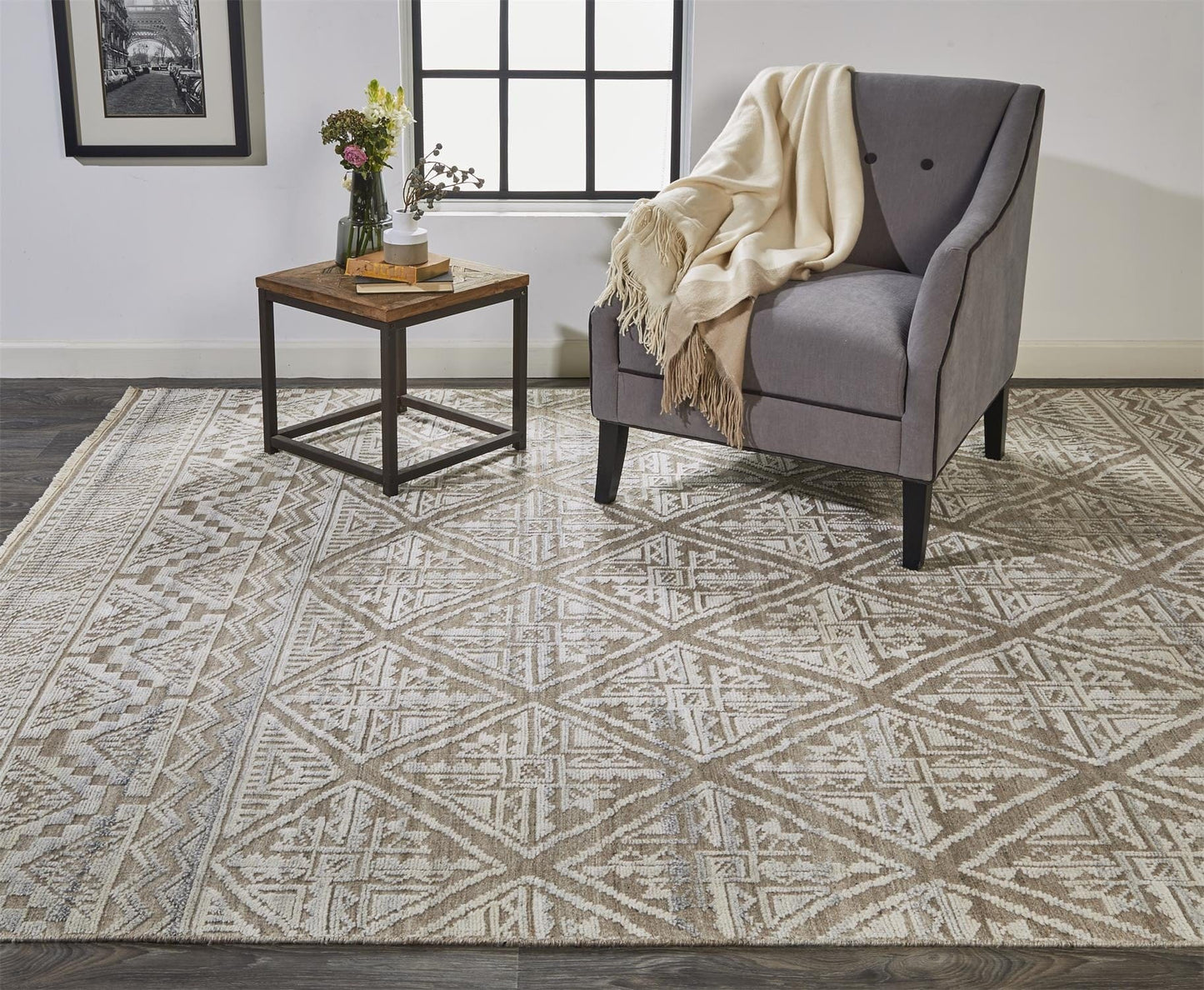 2' X 3' Ivory Tan And Gray Geometric Hand Knotted Area Rug
