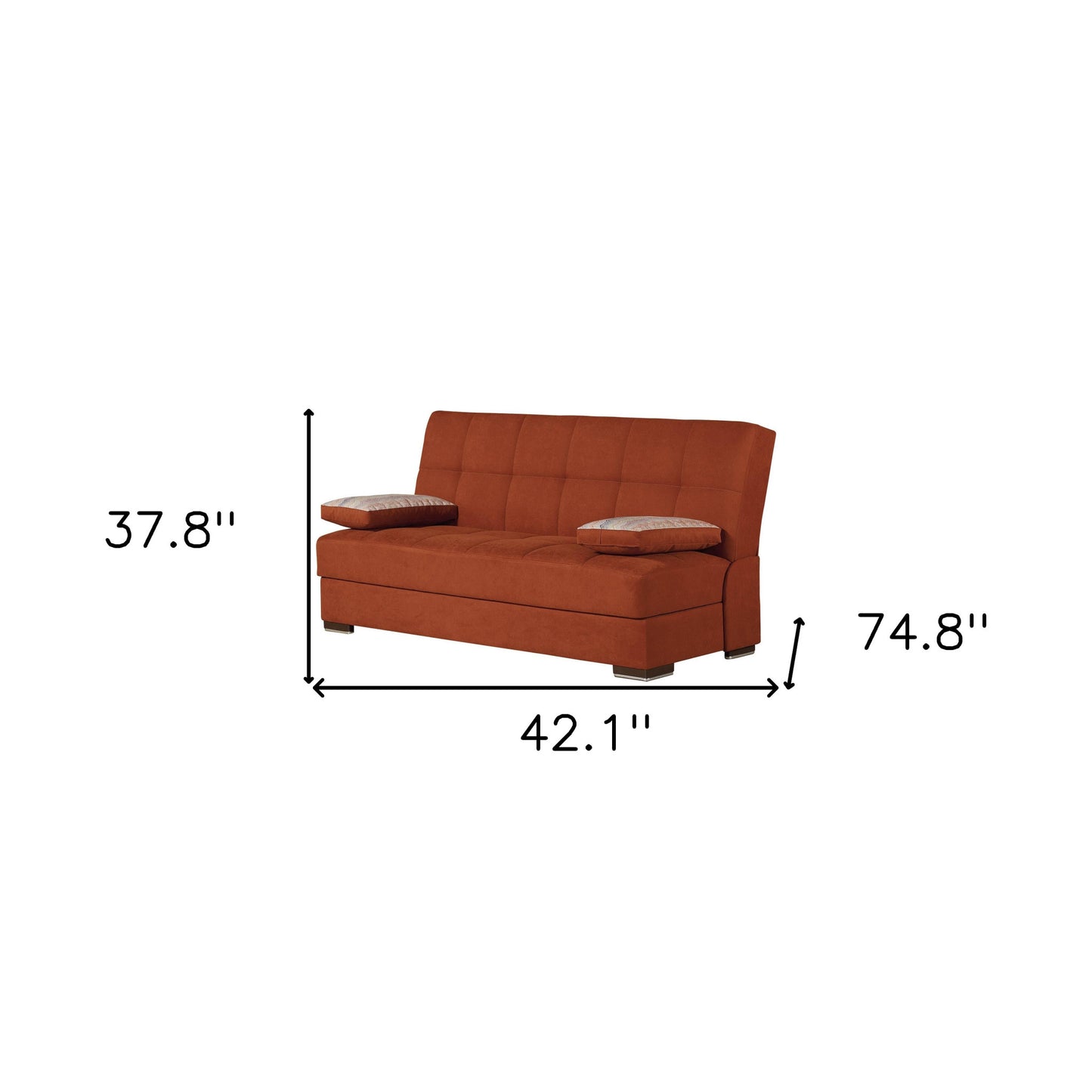 42" Rust Orange Chenille And Brown Convertible Futon Sleeper Sofa With Toss Pillows