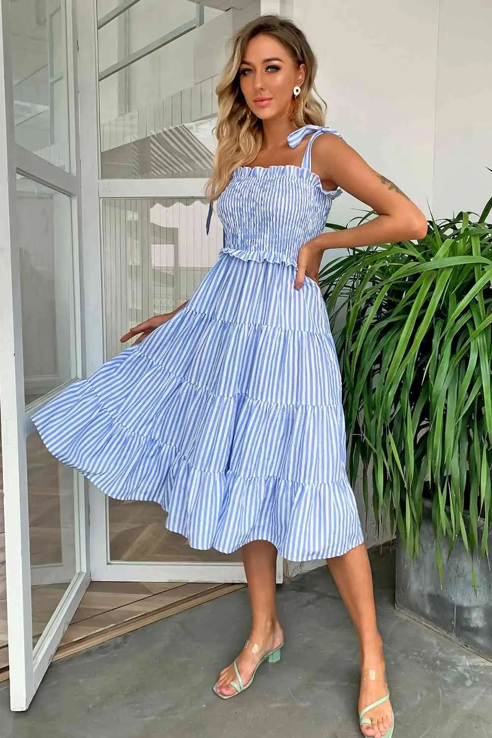 Striped Tie-Shoulder Tiered Dress - Image #5