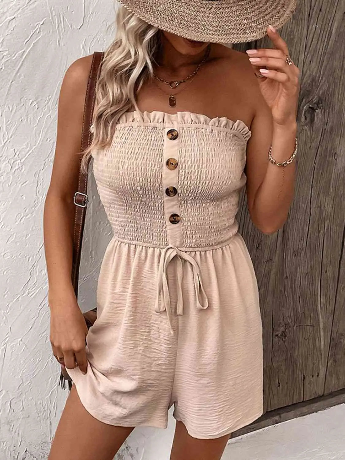 Decorative Button Smocked Strapless Romper - Image #5