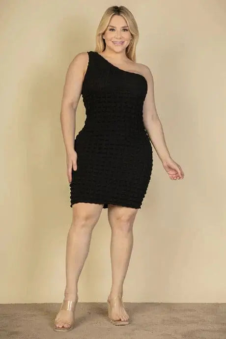 Plus Size Bubble Fabric One Shoulder Bodycon Mini Dress - Image #2