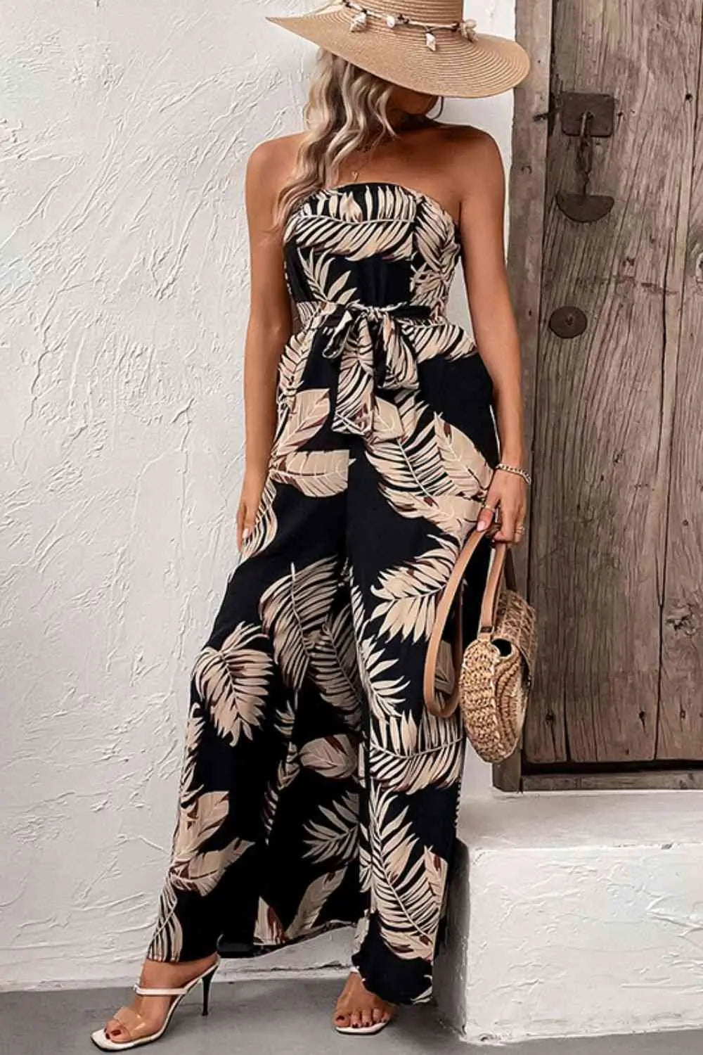 Printed Strapless Wide Leg Jumpsuit with Pockets - Image #4