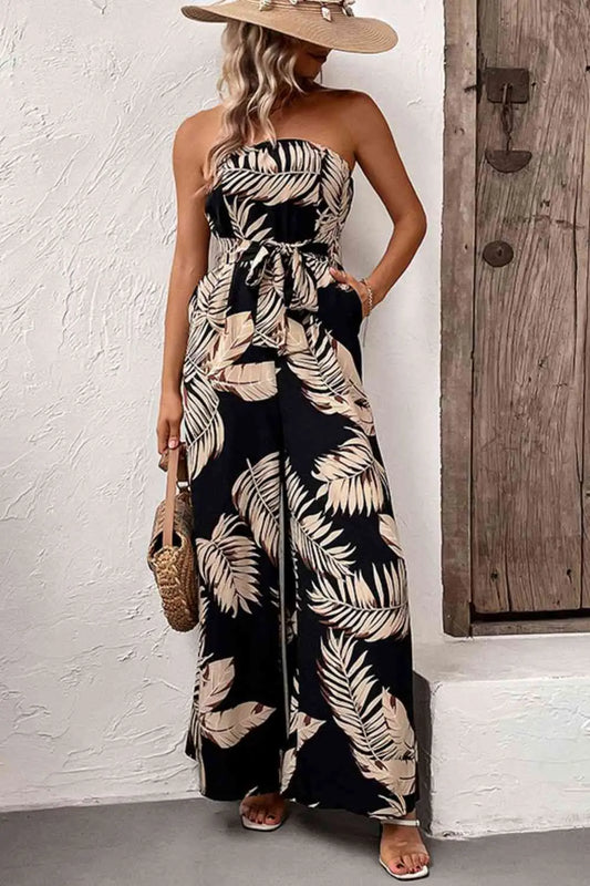 Printed Strapless Wide Leg Jumpsuit with Pockets - Image #1