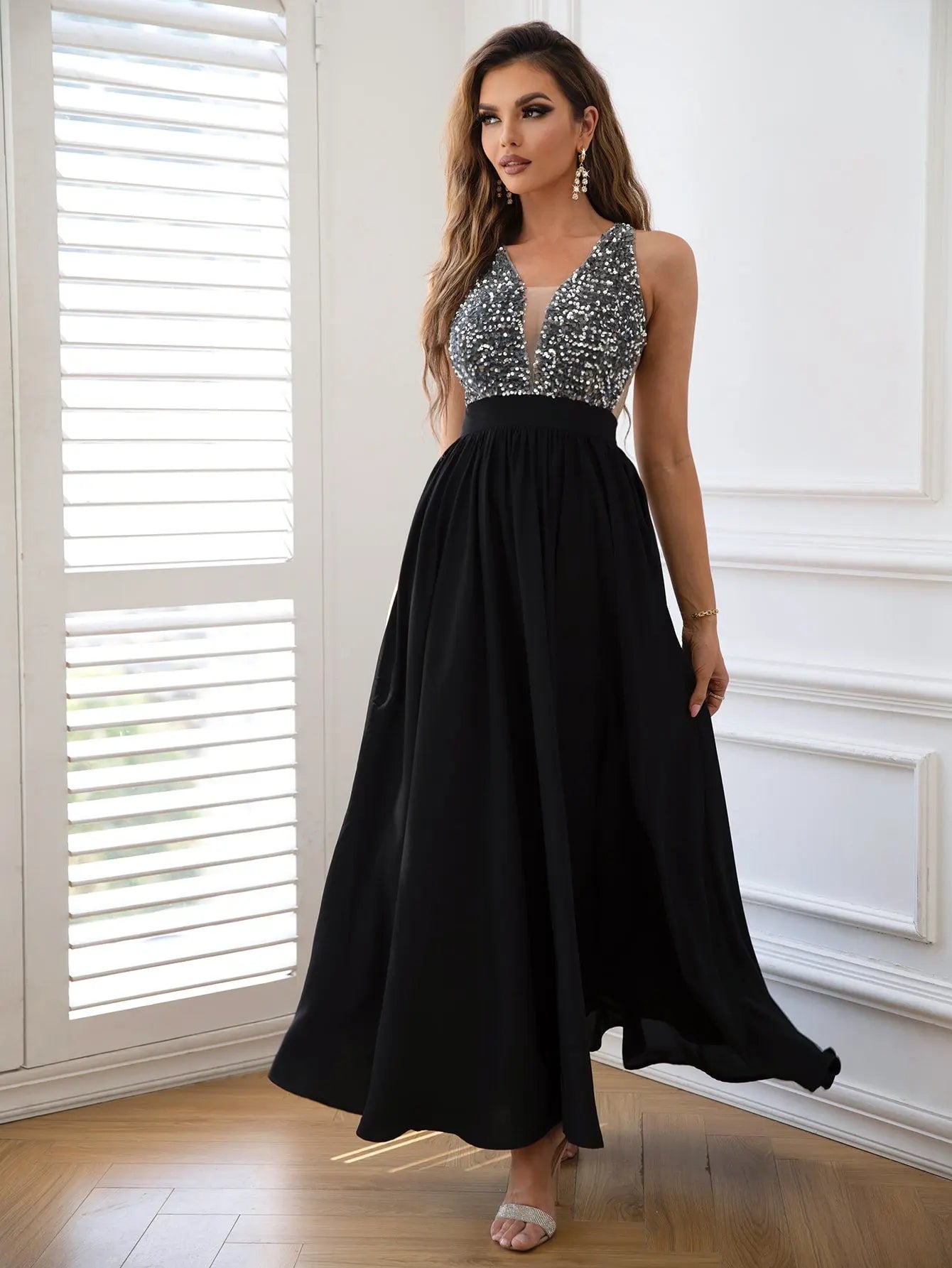 Contrast Sequin Sleeveless Maxi Dress - Image #2