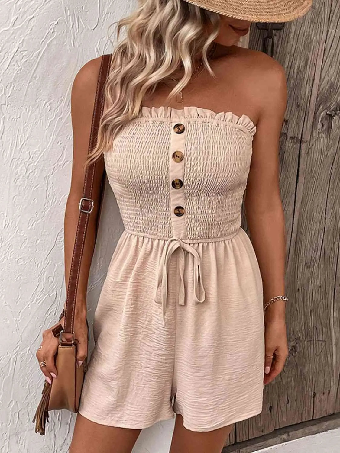 Decorative Button Smocked Strapless Romper - Image #4
