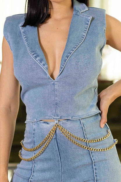 Washed Denim Stretch Fashion Jumpsuit - Image #6