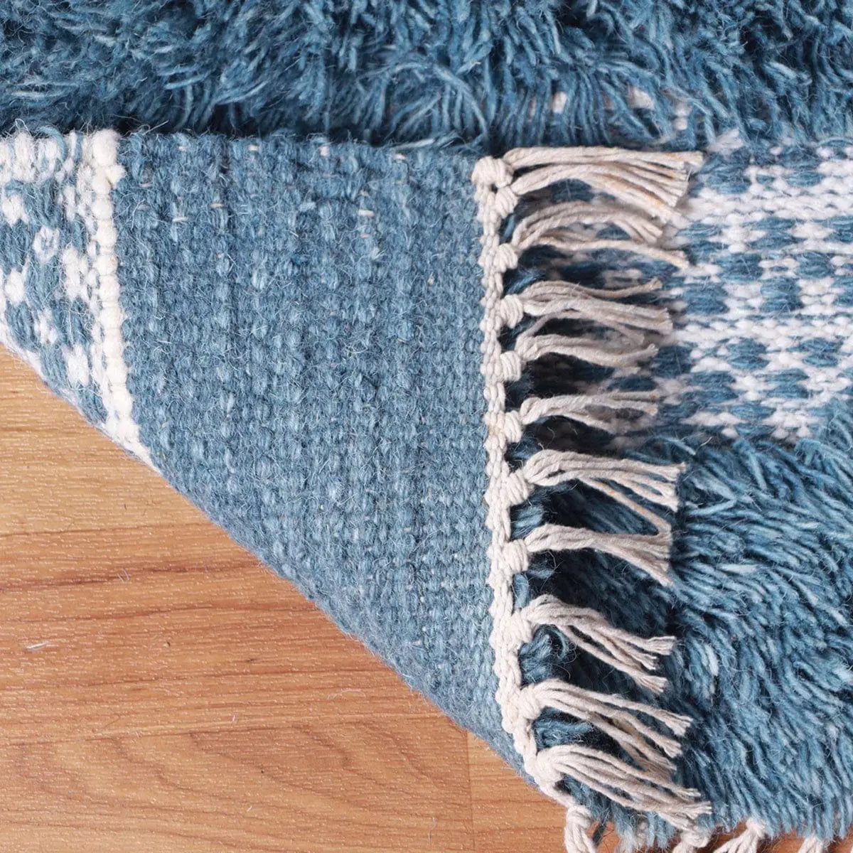 10' Blue And Ivory Wool Striped Flatweave Handmade Stain Resistant Runner Rug With Fringe - Image #4