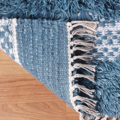 10' Blue And Ivory Wool Striped Flatweave Handmade Stain Resistant Runner Rug With Fringe - Image #4