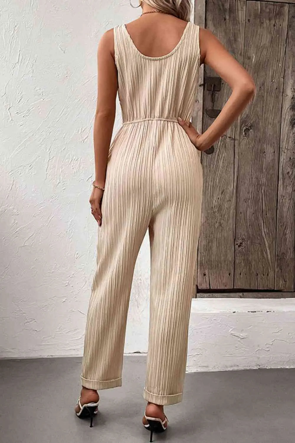Textured Sleeveless Jumpsuit with Pockets - Image #2