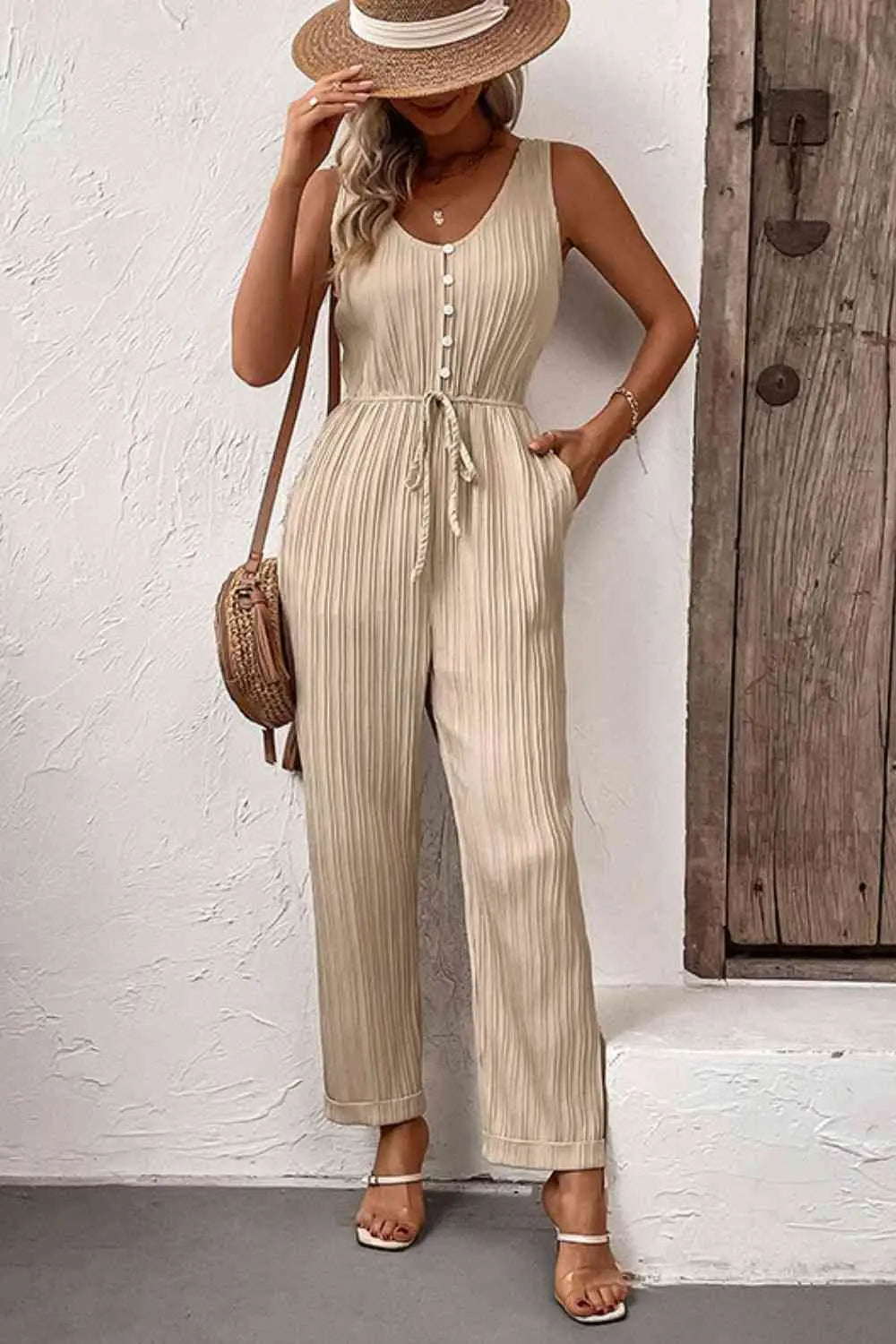 Textured Sleeveless Jumpsuit with Pockets - Image #4