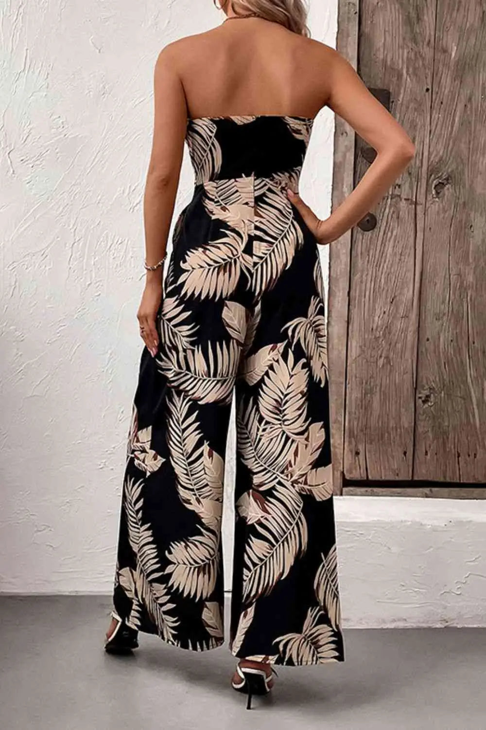 Printed Strapless Wide Leg Jumpsuit with Pockets - Image #2
