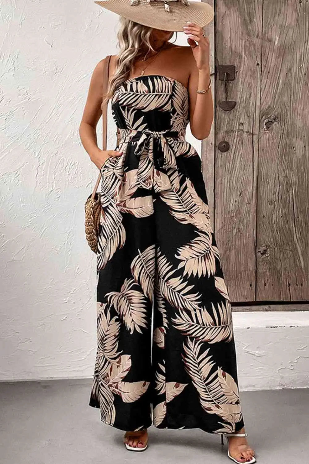 Printed Strapless Wide Leg Jumpsuit with Pockets - Image #3