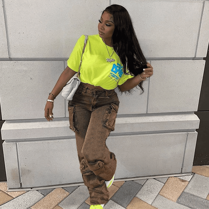 Women Fashion Casual Solid Color High Waist Cargo Pants