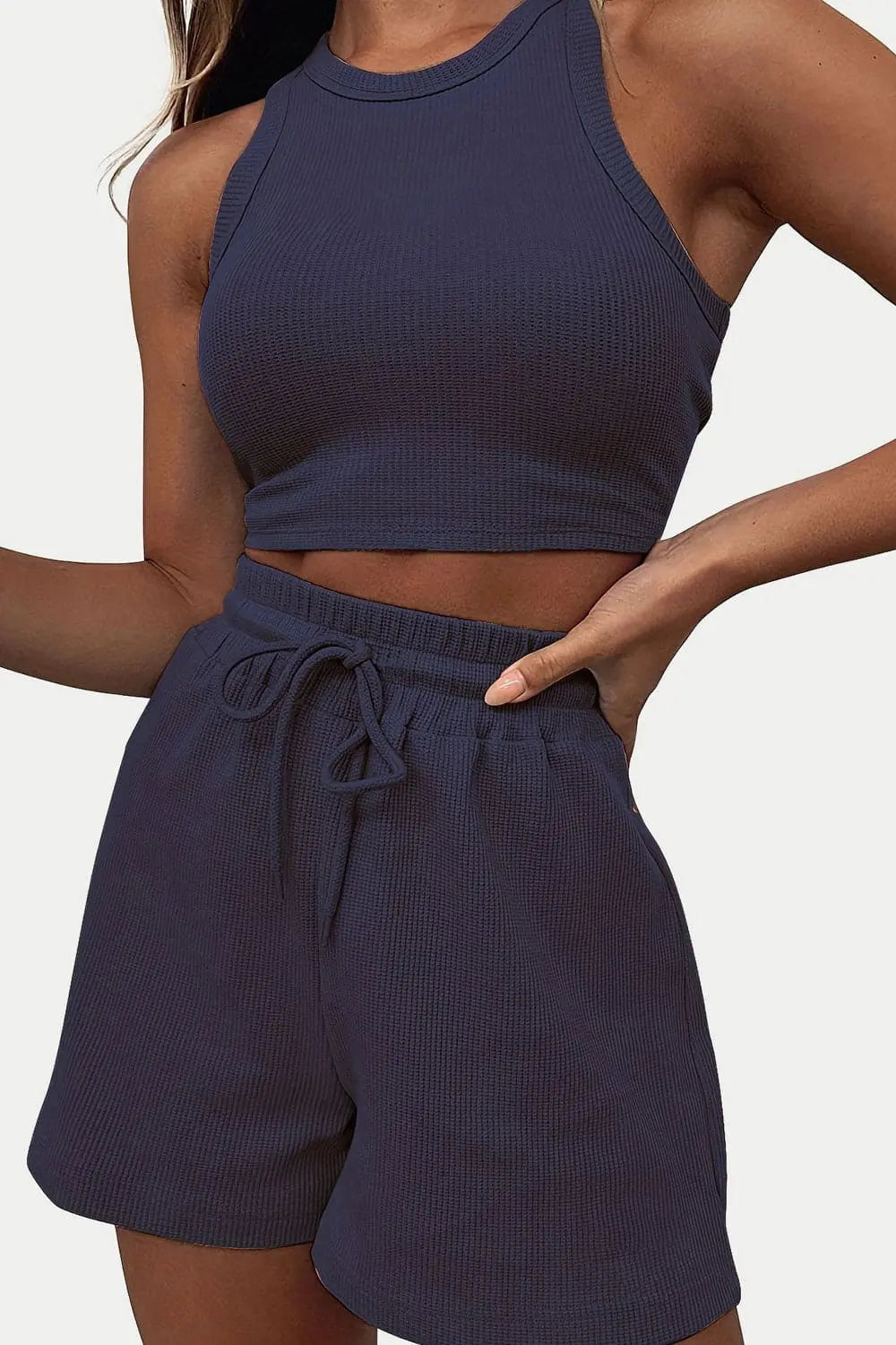 Round Neck Top and Drawstring Shorts Set - Image #17