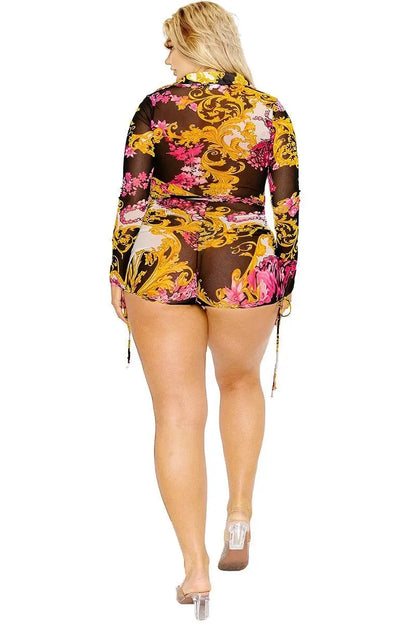 Plus gold & floral pattern print belted romer - Image #3