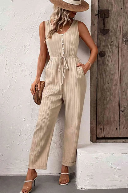 Textured Sleeveless Jumpsuit with Pockets - Image #3