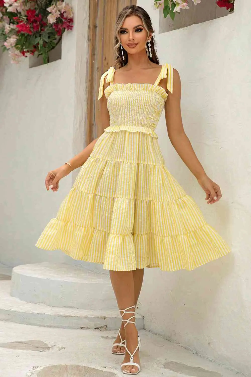 Striped Tie-Shoulder Tiered Dress - Image #1