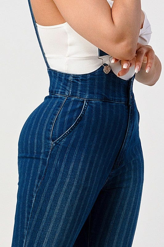 HIGH WAIST STRIPED STRETCH FLARED DENIM JUMPSUIT