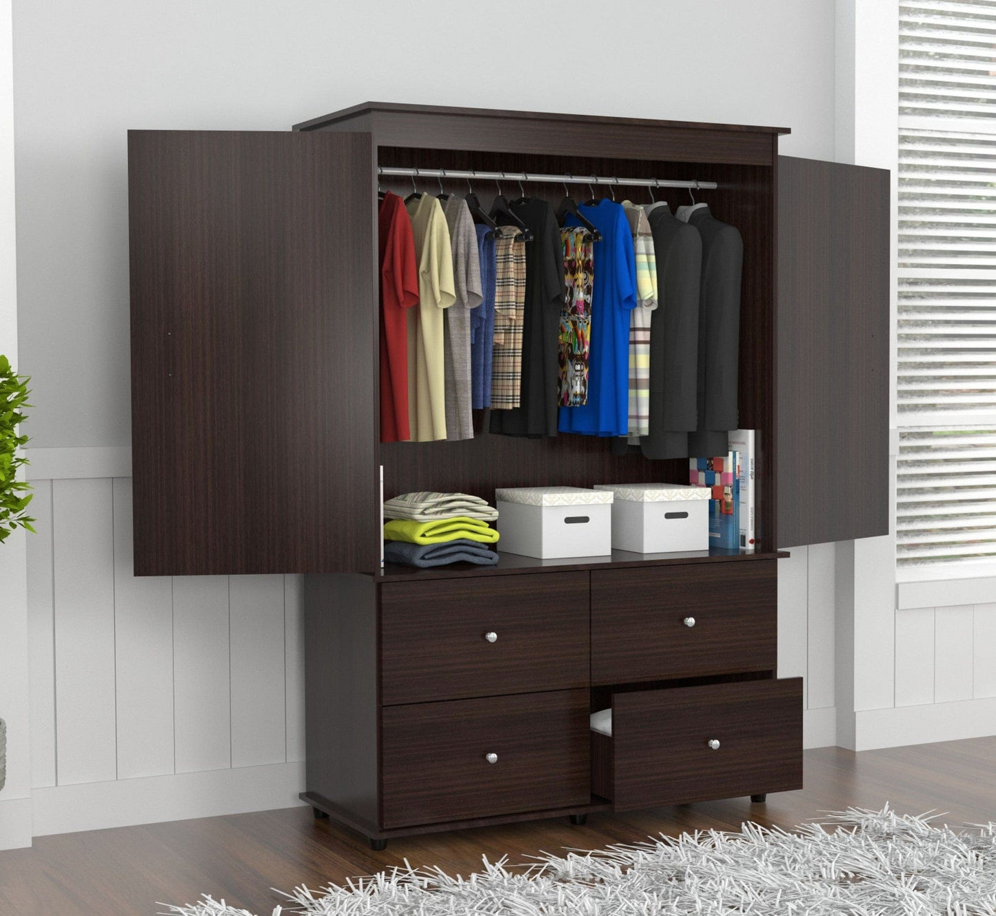 Espresso Finish Wood Four Drawer Armoire Dresser