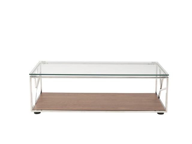 15" Walnut Veneer  Glass  And Steel Coffee Table