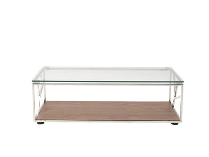 15" Walnut Veneer  Glass  And Steel Coffee Table