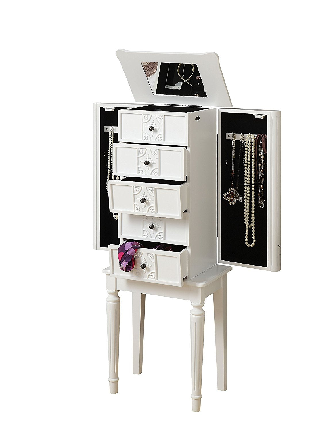 16" X 10" X 40" White Mirror Jewelry Armoire