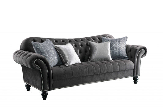 96" X 37" X 37" Dark Gray Velvet Sofa W4 Pillows