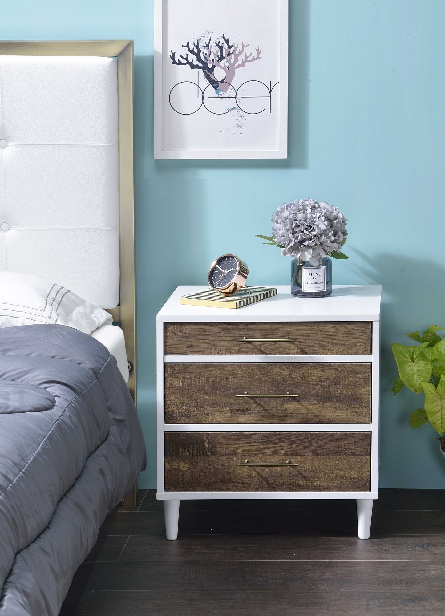 White And Distressed Oak Three Drawer Nightstand