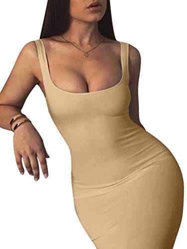 LAGSHIAN Women's Sexy Bodycon Tank Dress Sleeveless Basic Midi Club Dresses Yellow