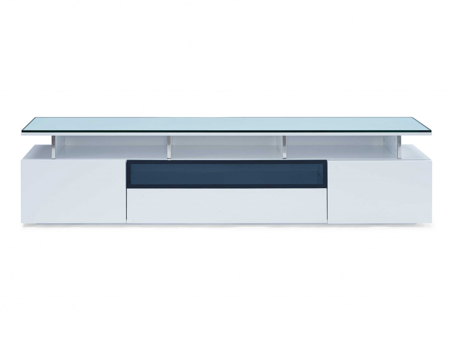 Tv Unit High Gloss White With Gray Glass Middle Drawer 2 Drawers And 2 Doors