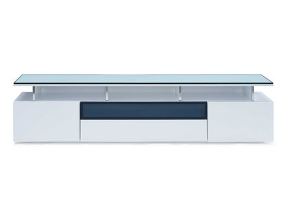 Tv Unit High Gloss White With Gray Glass Middle Drawer 2 Drawers And 2 Doors