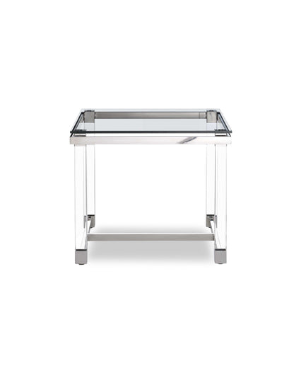Side Table 10 Mm Tempered Clear Glass Top Polished Stainless Steel Frame Acrylic Legs