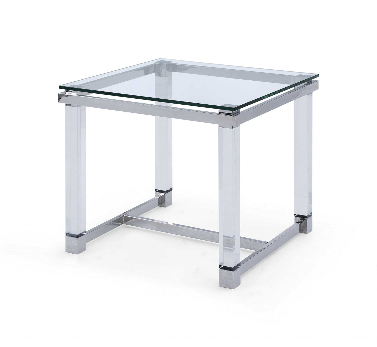 Side Table 10 Mm Tempered Clear Glass Top Polished Stainless Steel Frame Acrylic Legs