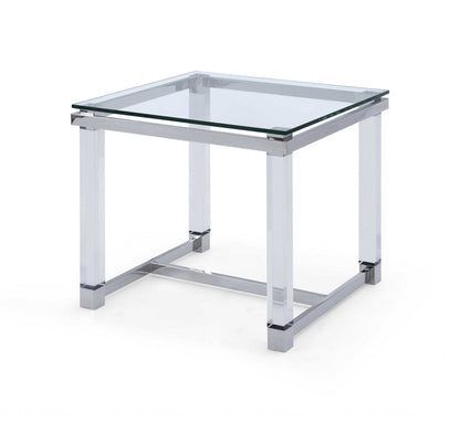 Side Table 10 Mm Tempered Clear Glass Top Polished Stainless Steel Frame Acrylic Legs