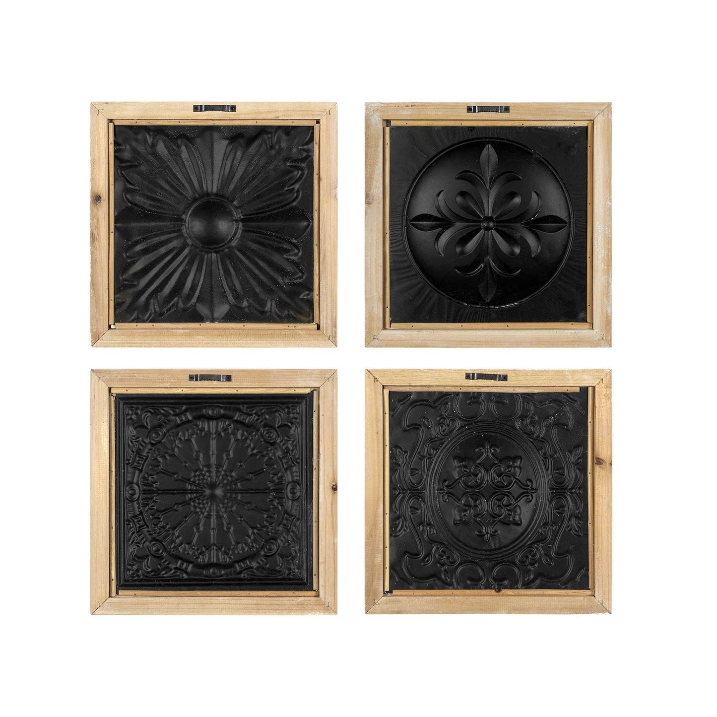 Set Of 4 Distressed Medallion Metal And Wood Framed Wall Art