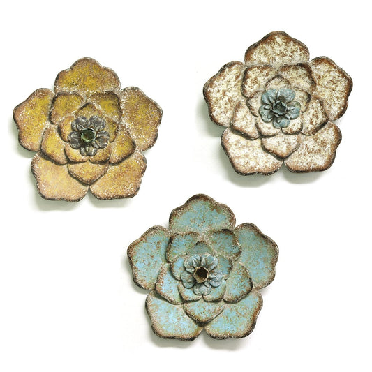 Set Of 3 Multi-Color Chic Metal Flowers Wall Art Decor