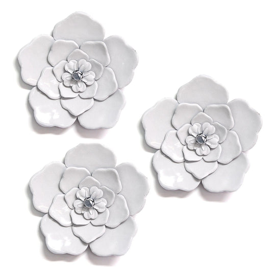 Set Of Three Alluring White Metal Flowers Wall Art