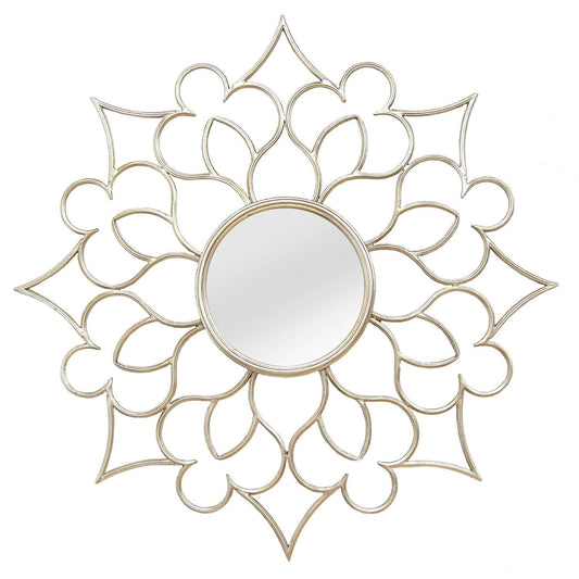 7 Round Silver Quatrefoil Metal Framed Wall Mirror