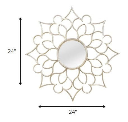 7 Round Silver Quatrefoil Metal Framed Wall Mirror