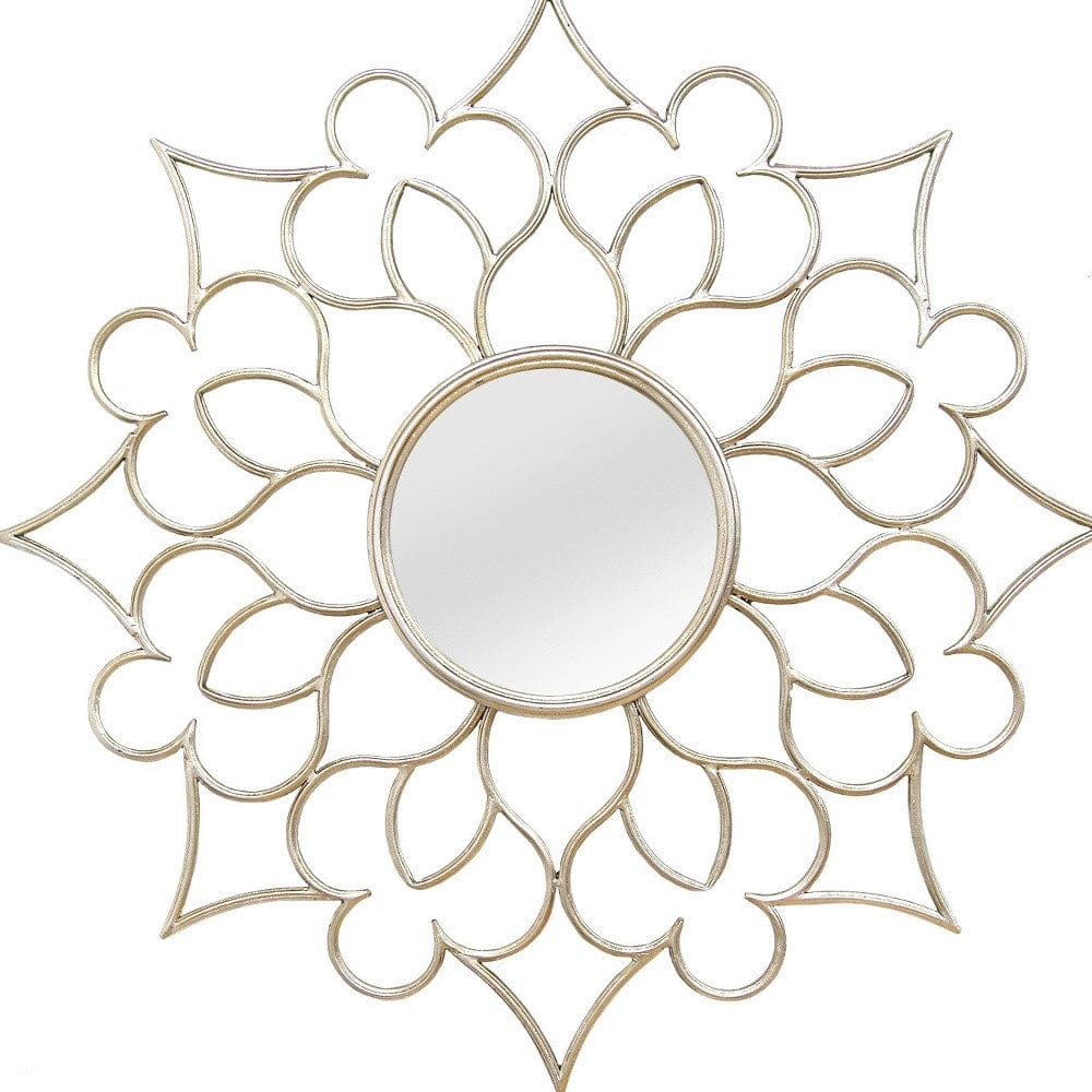 7 Round Silver Quatrefoil Metal Framed Wall Mirror