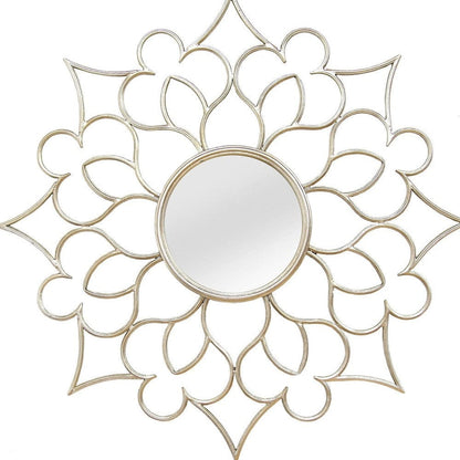7 Round Silver Quatrefoil Metal Framed Wall Mirror