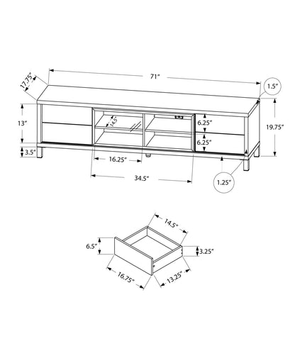 17.75" X 71" X 19.75" White Clear Silver Particle Board Glass Hollow Core Tv Stand