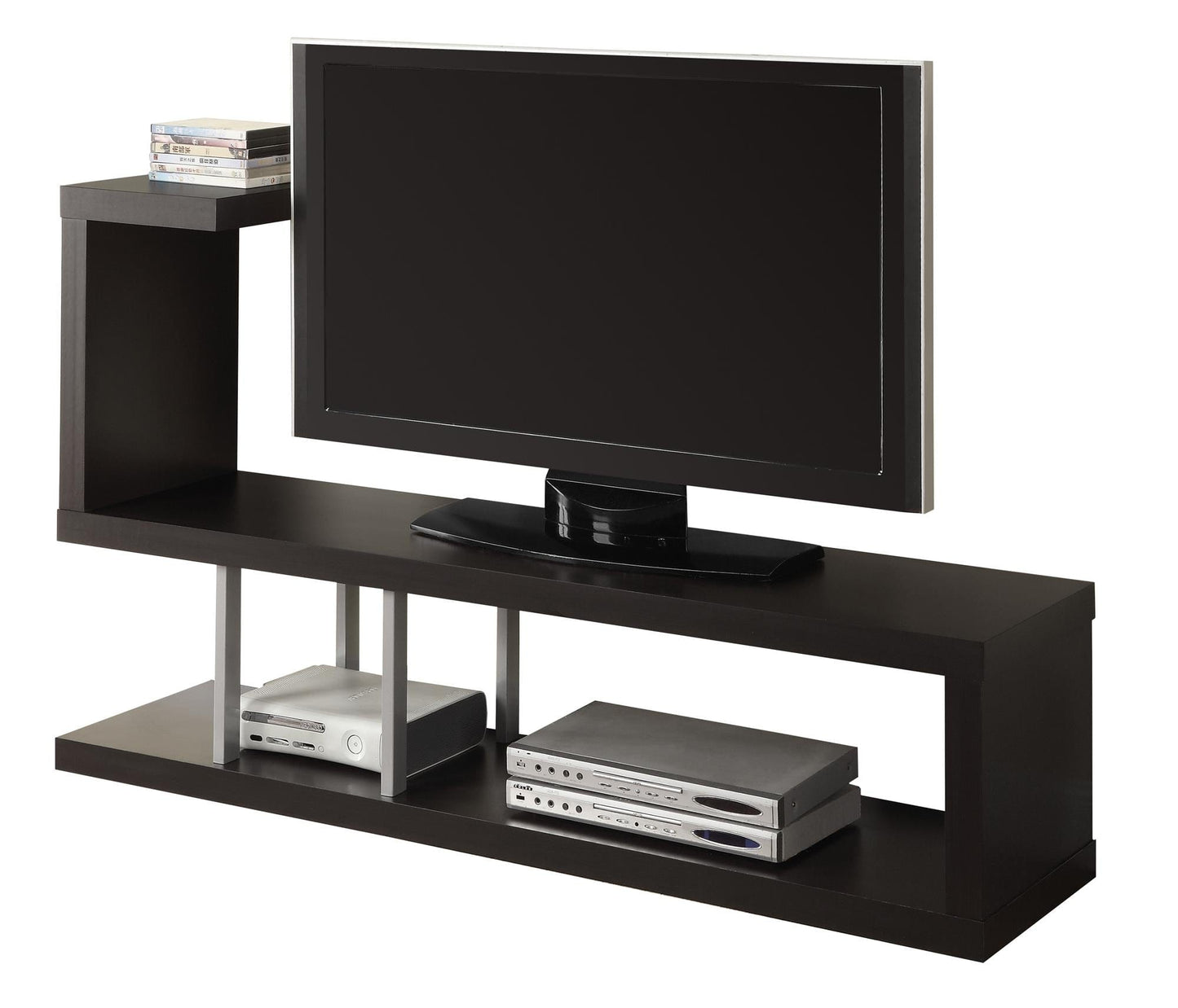 35.25" Cappuccino Particle Board Hollow Core And Silver Metal Tv Stand