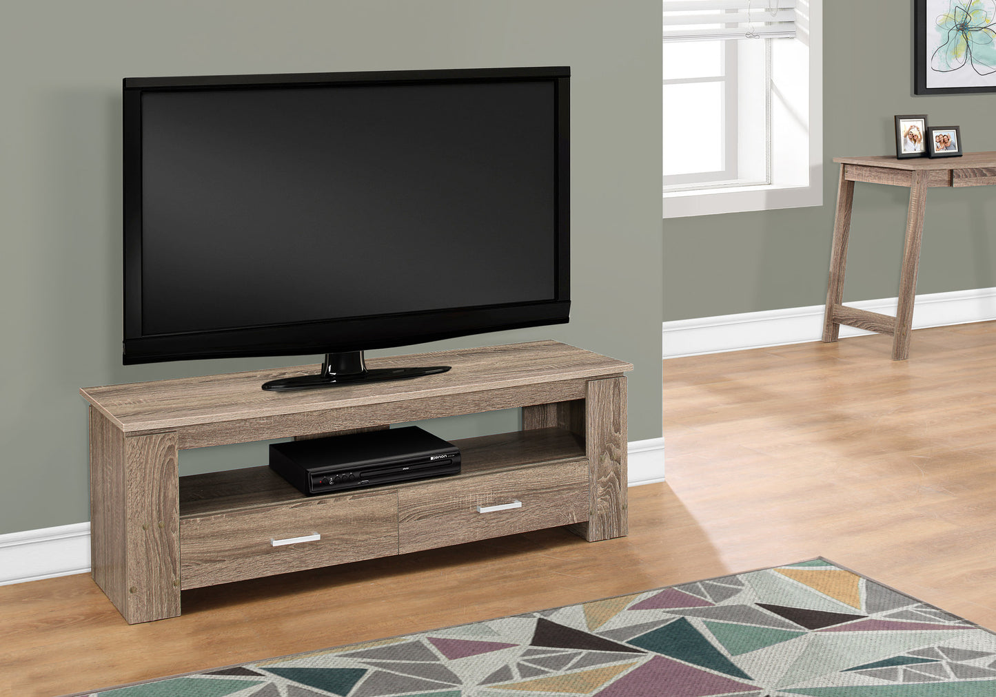 16.25" Dark Taupe Particle Board And Laminate Tv Stand With 2 Storage Drawers