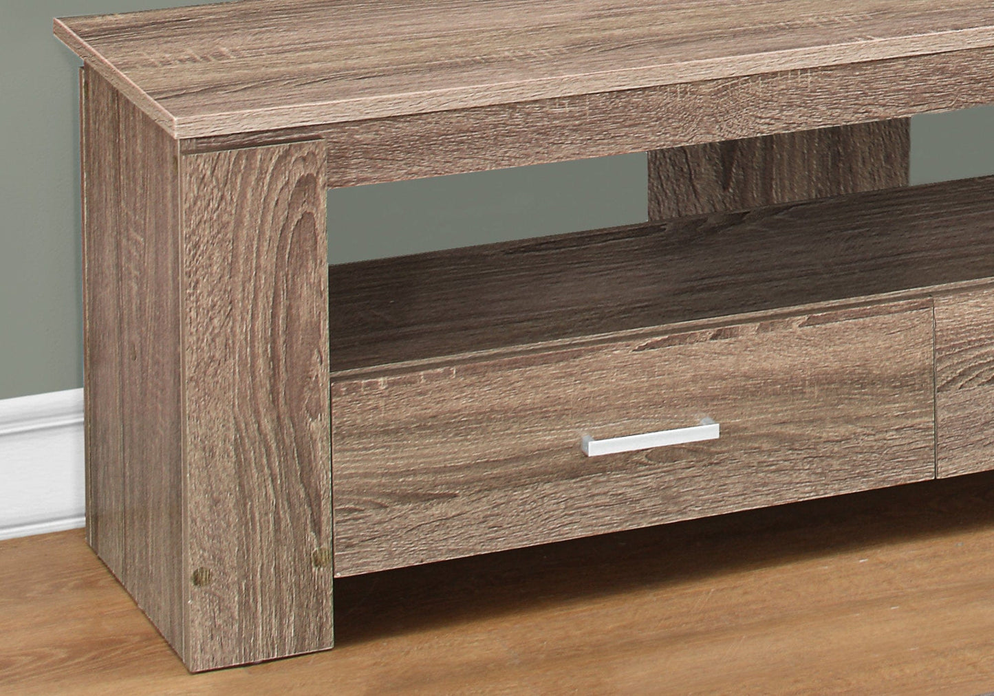 16.25" Dark Taupe Particle Board And Laminate Tv Stand With 2 Storage Drawers