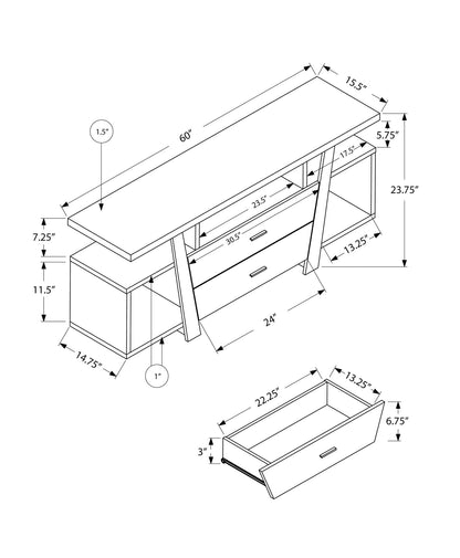 15.5" X 60" X 23.75" Dark Taupe Particle Board Hollow Core Tv Stand With 2 Drawers