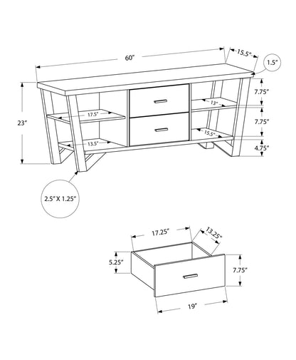 15.5" X 60" X 23" Grey Black Particle Board Hollow Core Metal Tv Stand With 2 Drawers